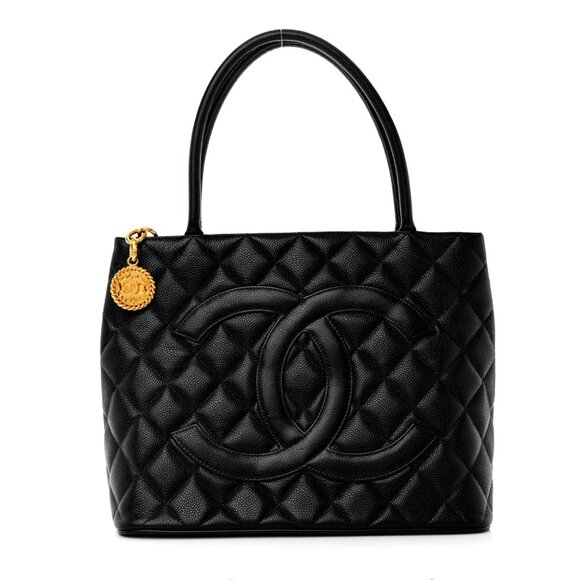 CHANEL Handbags - Authentic CHANEL CC Caviar Leather Medallion Tote Shoulder Bag Quilted Black